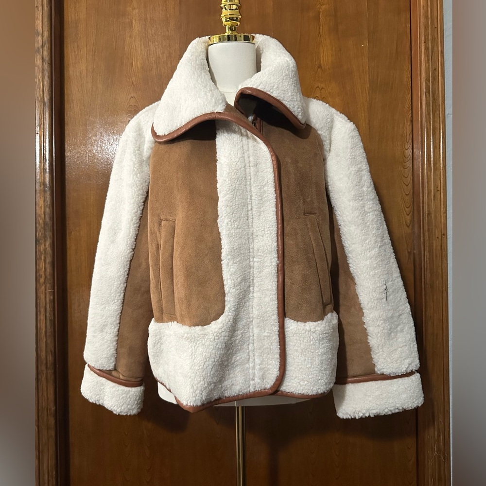 Loft Faux Suede and Shearling Fleece and Sherpa Jacket - Tan and Cream S